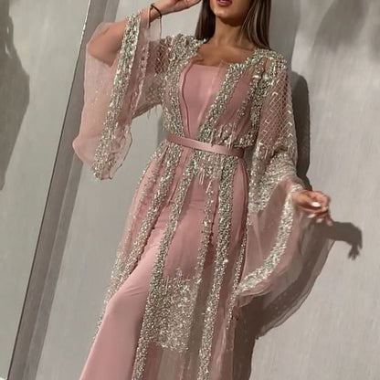 Women Bronzing Sexy Shawl Two-piece Banquet Fashion Evening Dress