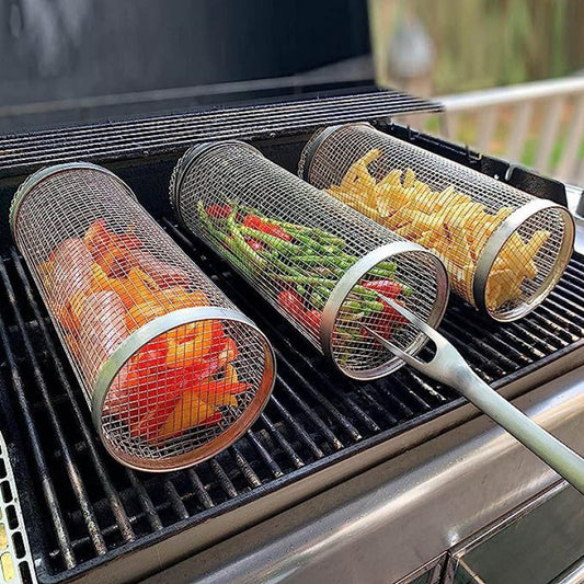 Rolling Grilling Basket Metal BBQ Barbecue Basket Net Portable Outdoor Camping Barbecue Rack Kitchen Gadgets